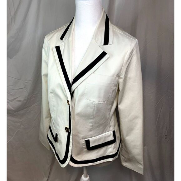 Talbots Off White Navy Style Blazer Jacket Womens Button Up Blue Trim NWOT - Picture 2 of 9